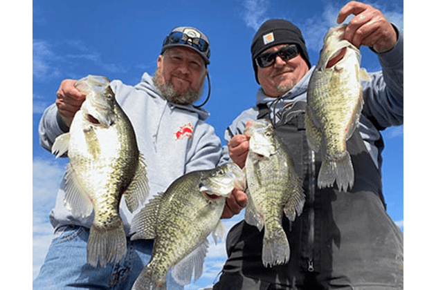 Two men holding up large fish on a boat.